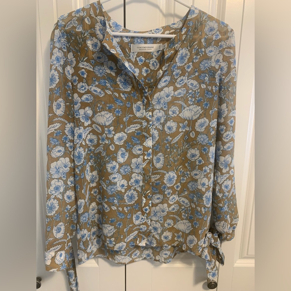 Tans and blue blouse